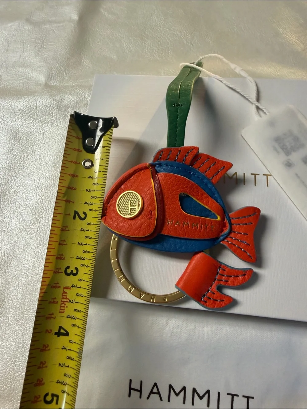 Hammitt Red-Orange & Blue Leather Fish Keyring with Green Strap